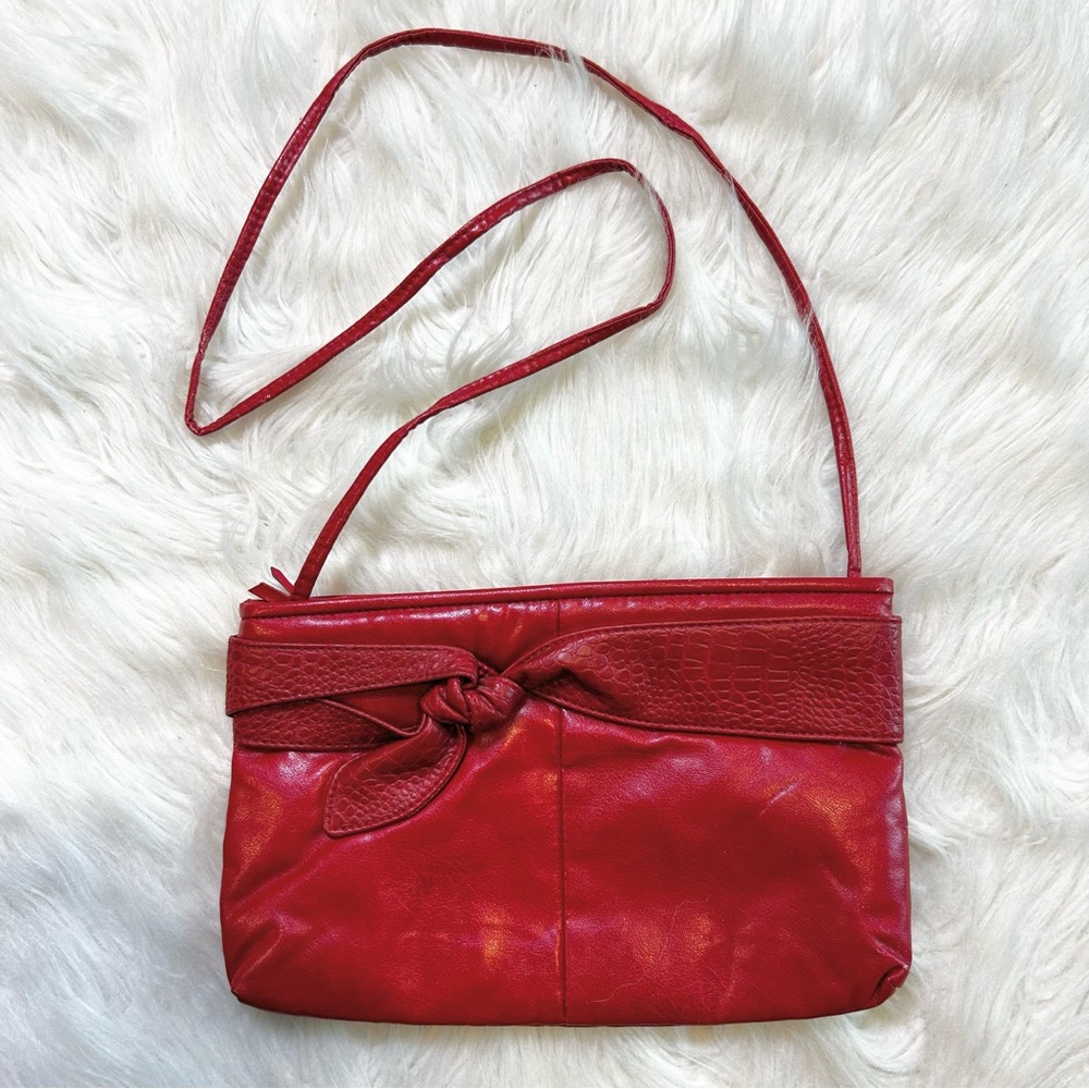 Red Faux Leather Crossbody Bag with Bow Detail and Textured Trim Slim Profile